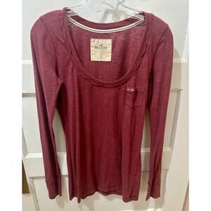 VINTAGE Hollister Long Sleeve Fitted Maroon Y2K Scoop Neck Henley S